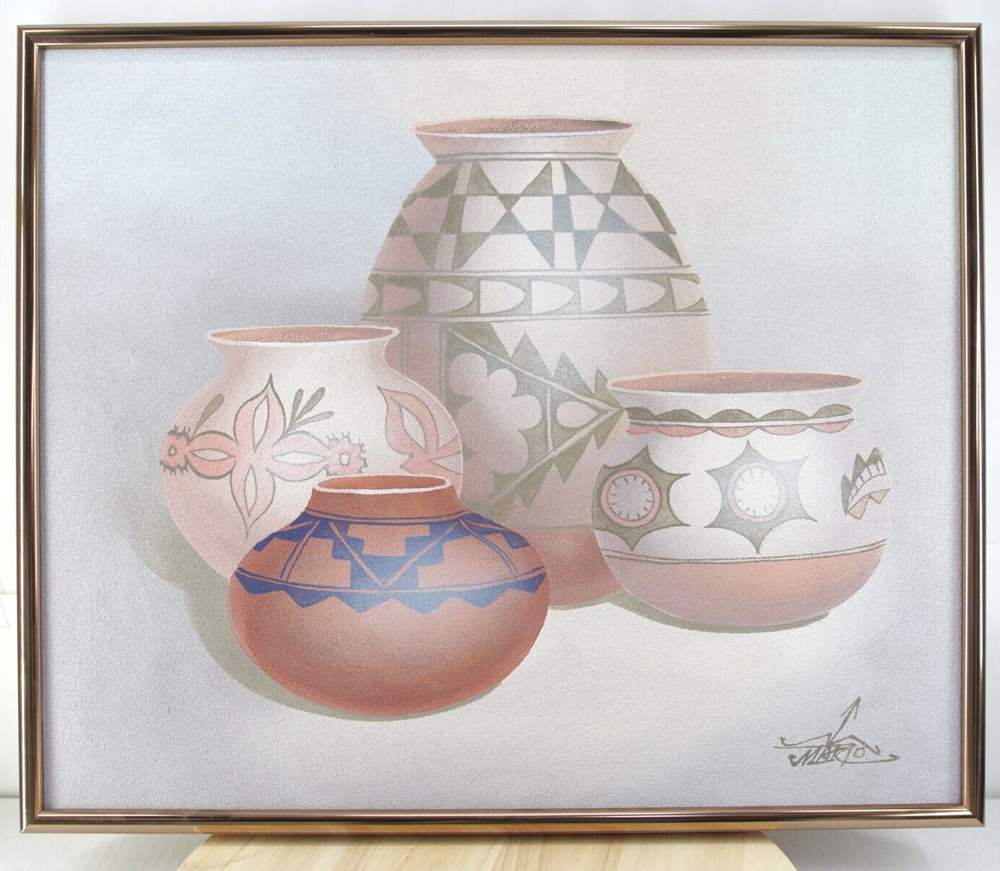 Mario Jung Signed Native American Pottery Sand Painting & Oil on Canvas